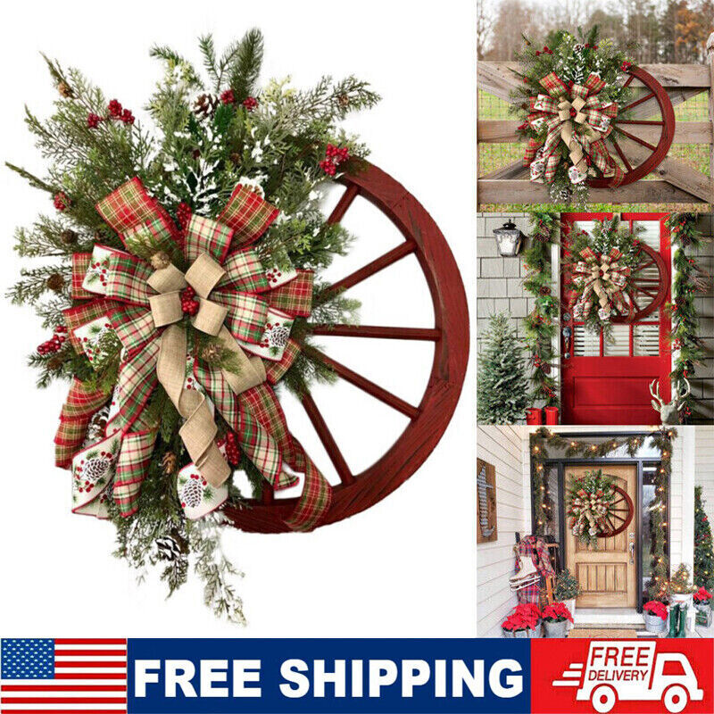 45cm Christmas Wreath Red Wagon Wheel Xmas Wreath Front Door Hanging Ornaments