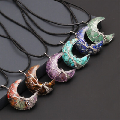 5pcs Yoga 7 Ckara Stone Tree of Life Moon Pendant Necklace Reiki Healing Amulet
