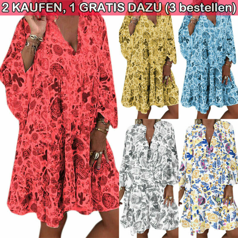 Damen Blumen V-Ausschnitt Strandkleid Minikleid Boho Kaftan Tunika Longtop Kleid