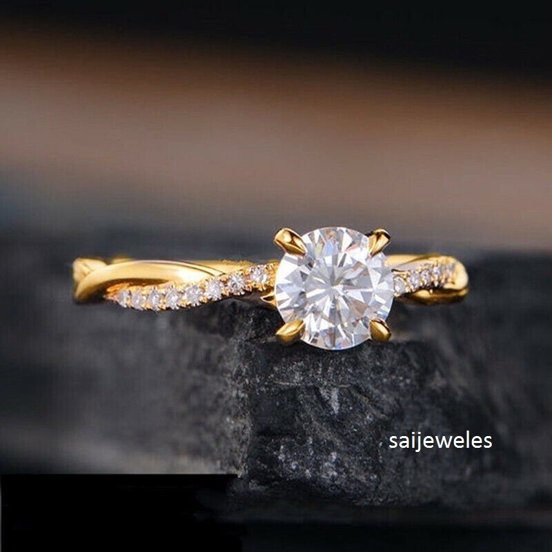 2.10CT Round Cut Lab-Created Diamond Twisted Wedding Ring 14K Yellow Gold Finish - Picture 4 of 8
