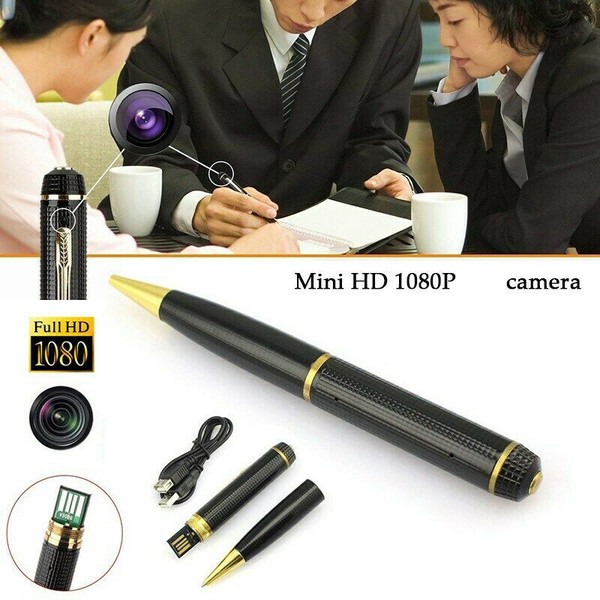 Mini HD 1080P spy camera pen with USB cable.