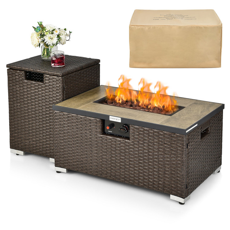32 X 20 Inch Propane Rattan Fire Pit Table Set with Side Table Tank and Cover