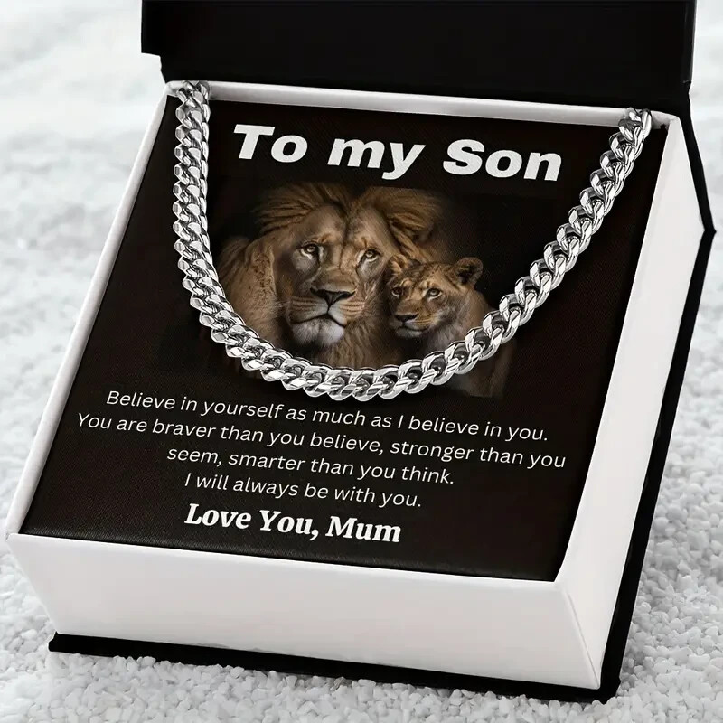 To My Son Cuban Chain Necklace, Stainless Steel Believe in yourself love mum