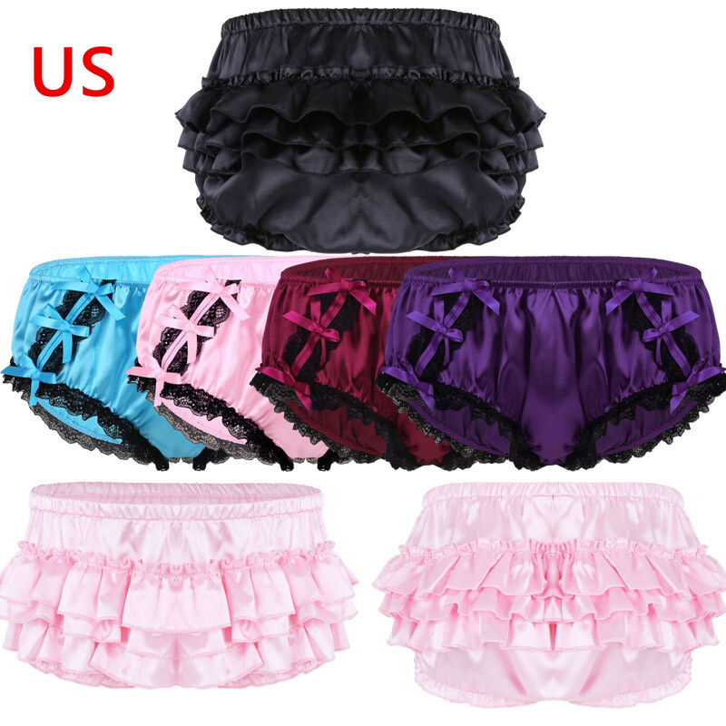 US Sexy Mens Shiny Satin Briefs Ruffled Bloomer Tiered Skirted Panties Underwear US Sexy Mens Shiny Satin Briefs Ruffled Bloomer Tiered Skirted Panties Underwear
