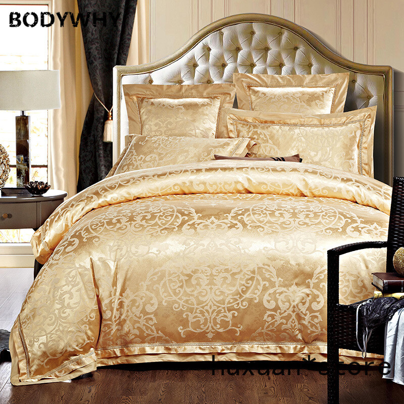 White Gold Silk Jacquard Luxury Bedding Set Queen King Size Cotton