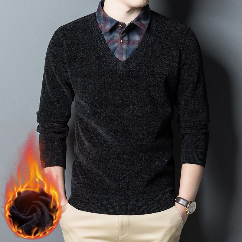Hommes Tricot Pull Doublé Chaud Pull Chenille Faux Deux Chemisier Thermique