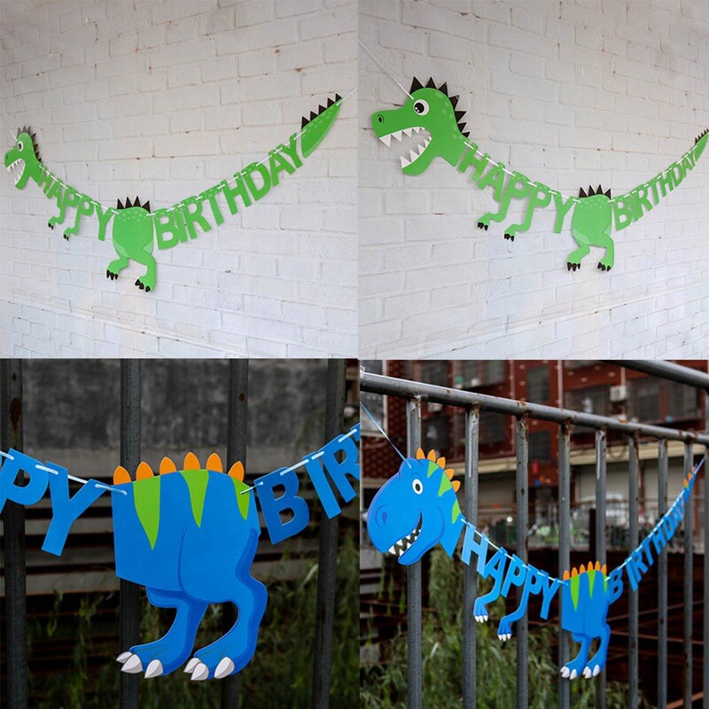 Dinosaur Cut Happy Birthday Banner Pull Flag Decoration Party