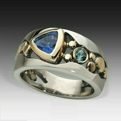 Elegant Two Tone Plated Silver Rings for Women Simulated Blue Sapphire Ring 6-10
