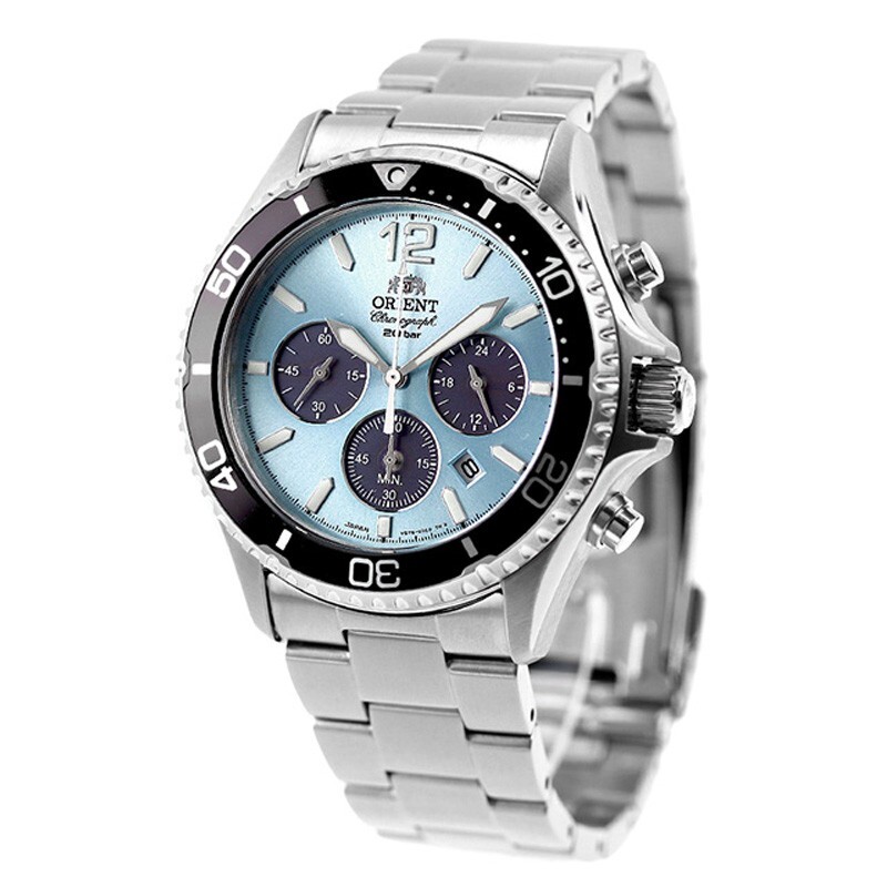 Pre-owned Orient Mako Rn-tx0206l Panda Sport Blue Dial Solar Analog Chronograph Men Watch