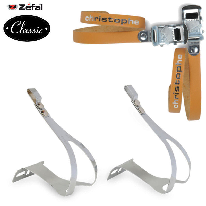 SET ZEFAL CHRISTOPHE BROWN LEATHER TOE CLIPS PEDALS PAIR BIKE VINTAGE CHROMED