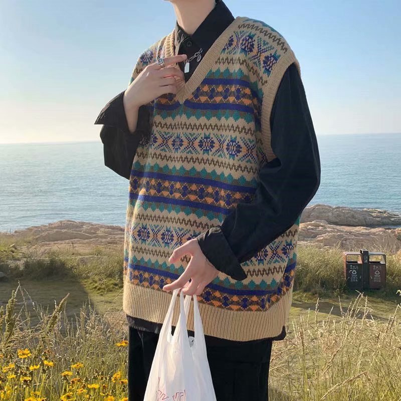 Unisex Strickweste Weste Gilet Tanktop ärmellos Khaki Blau Kurz
