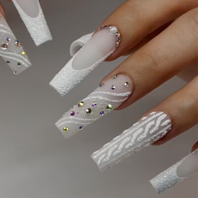 24pcs White French Rhinestones False Nail Long Square Press on Nail for Nail Art