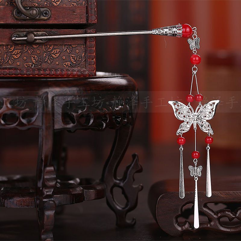 Lady Butterfly Tassels Step Shake Stick Hairpin Beads Headwear Hair Accessories
