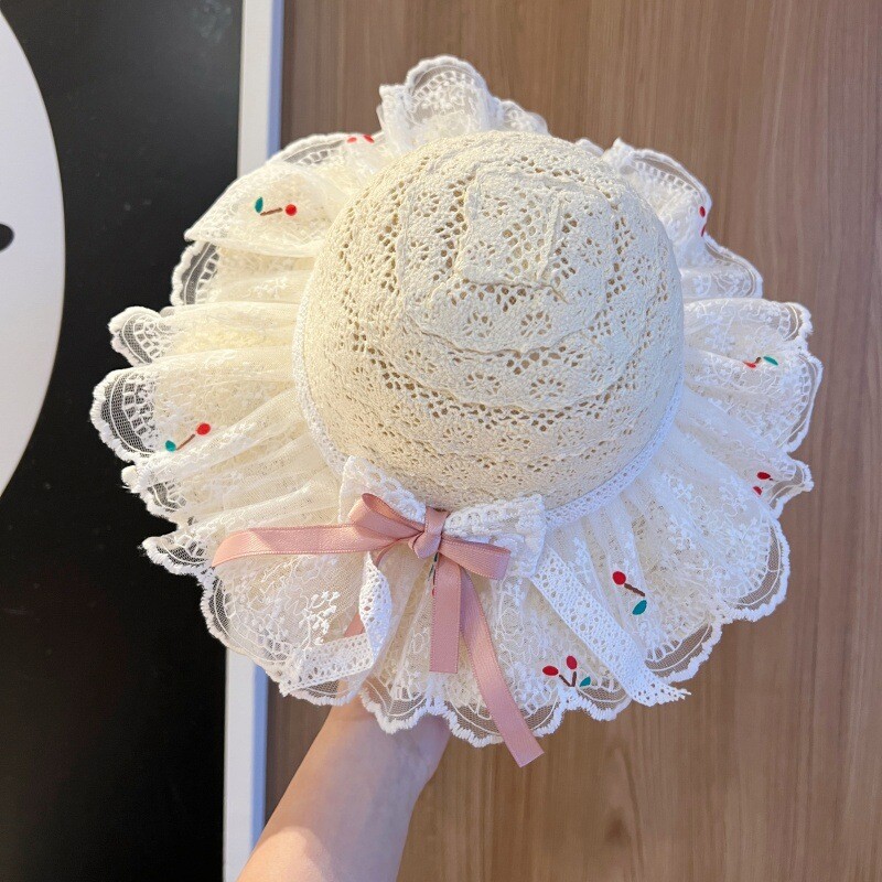 Chapeau De Plage En Paille Pour Filles Bébé À Large Bord Avec Nœud En Dentelle
