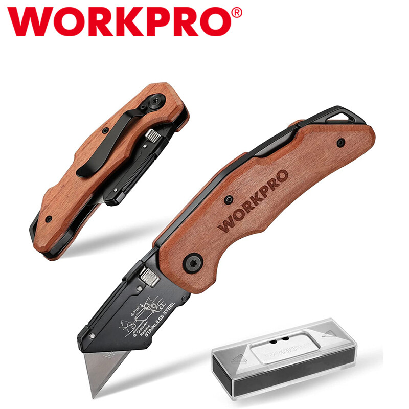 WORKPRO Folding Utility Knife Quick-change Wood Handle Heavy Duty Box Cutter NEW