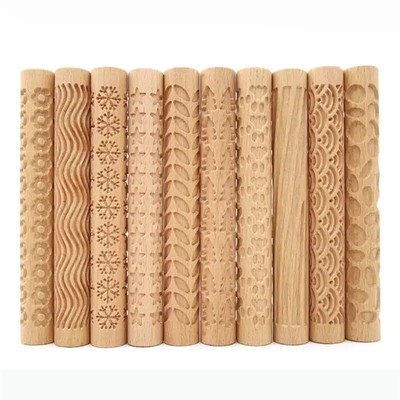 Wooden Texture Rolling Pin Ceramic Pottery Art Embossed Rod Flower Pattern