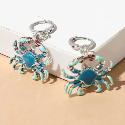 Unique Enamel Crab Blue Dangle Earrings Silver Plated Jewelry Women Fashion Gift