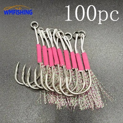 100pc Pink Fishing Hook Lure Slow Jigging Fishing Cast Jigs Assist Hook Barbed