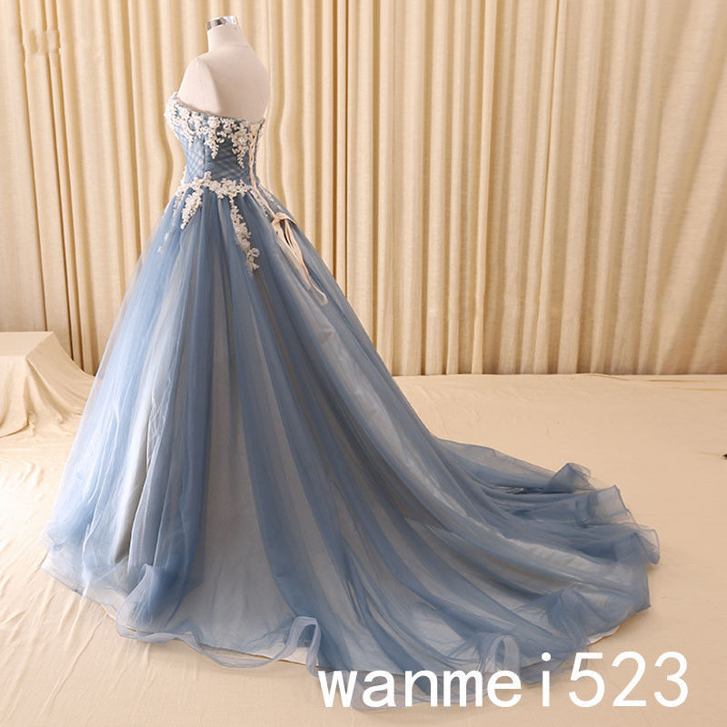 Dusty Blue Fairy Medieval Wedding Gown Appliques Celtic Bridal