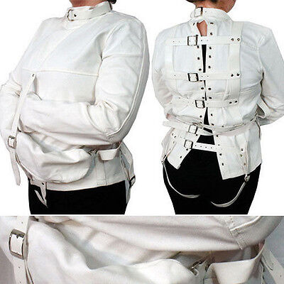 White Asylum Straight Jacket Costume S/M L/XL BODY HARNESS Restraint Armbinder
