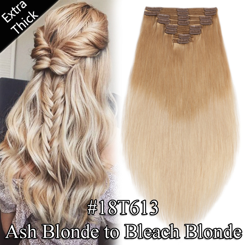 Full Head Clip in Remy Human Hair Extensions Double Wefted THICK Mix Color Ombre