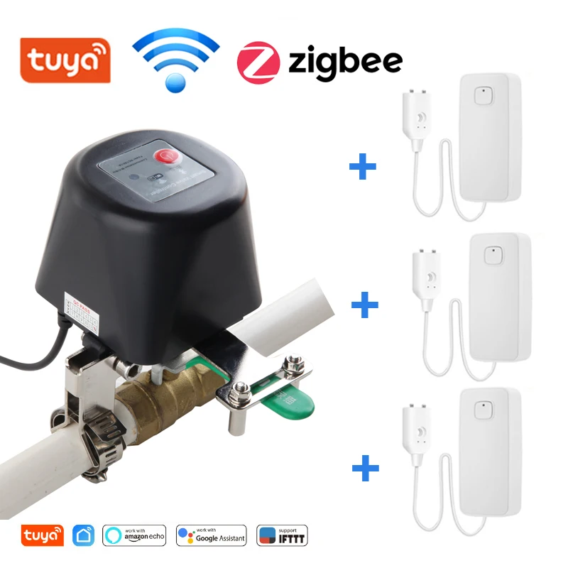 Tuya Zigbee WiFi Water Valve Gas Shutoff Controller 3pcs Water Leakage Sensor Co
