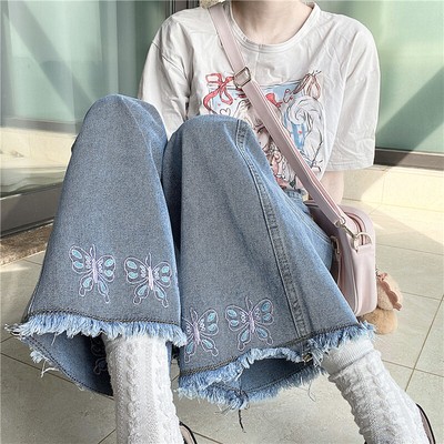 Japanese women cute embroidery flared jeans high-length pants Denim Trouser hot 