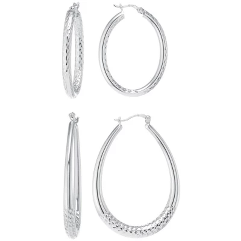 Sterling Diamond Cut 29Mm and 42Mm Oval Hoop Set
