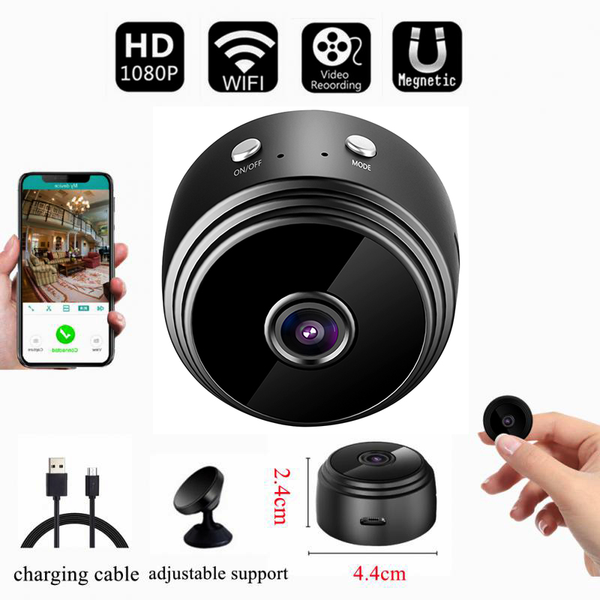 Compact wireless HD 1080P surveillance camera with accessories.