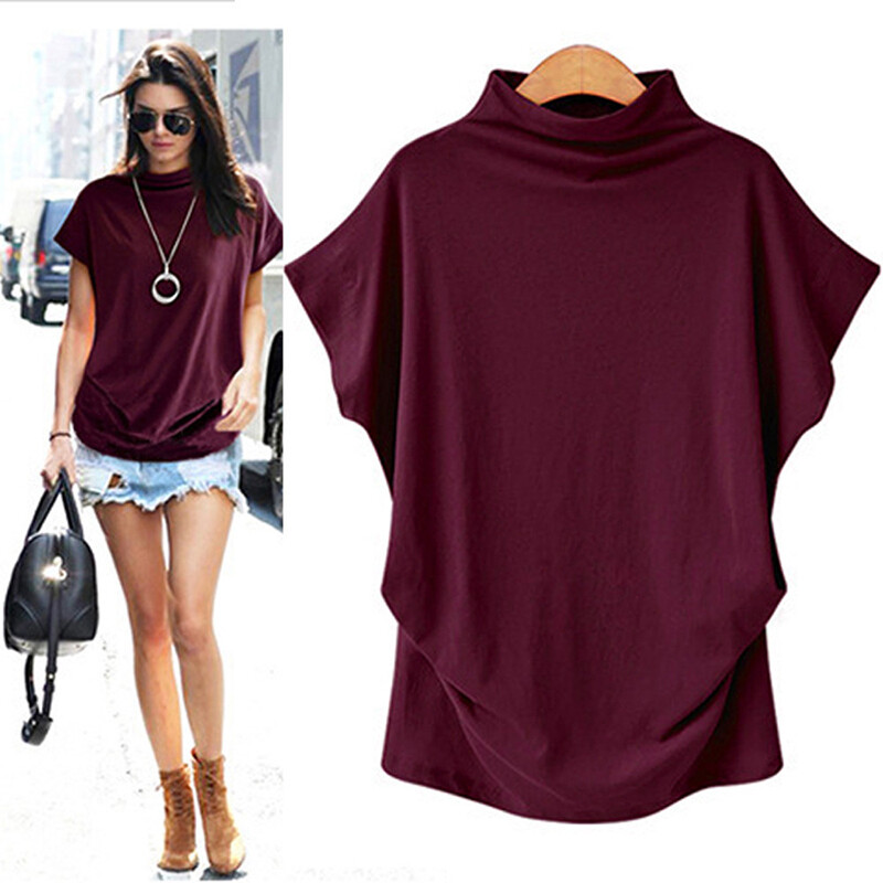 Ladies Sweatshirt Blouse Womens High Neck Loose Tops Mock Neck Batwing T-Shirt