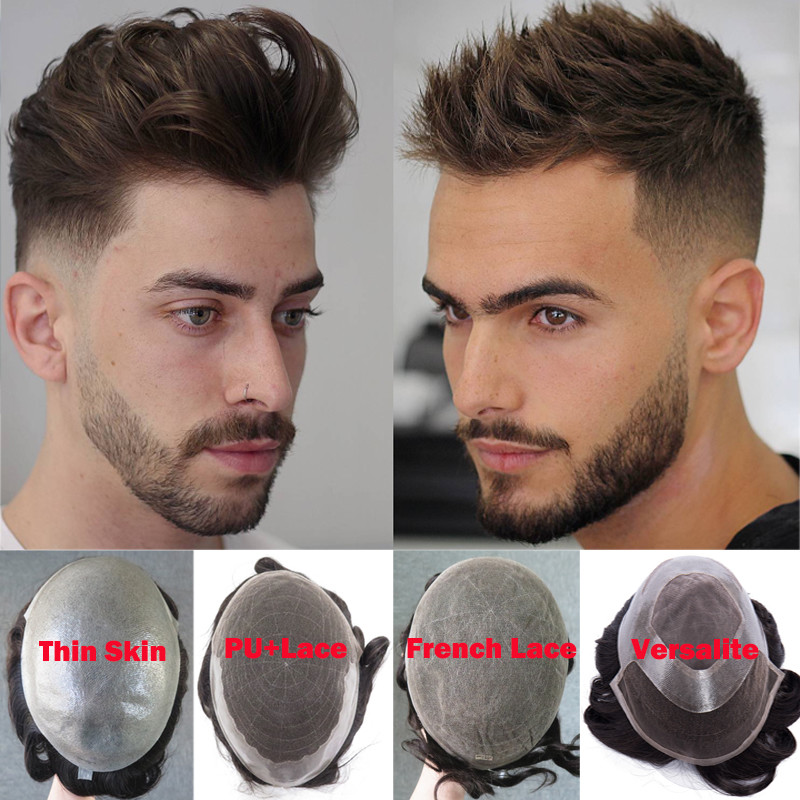 Fine Mono Durable Toupee For Men Human Hair Replacement System Pu