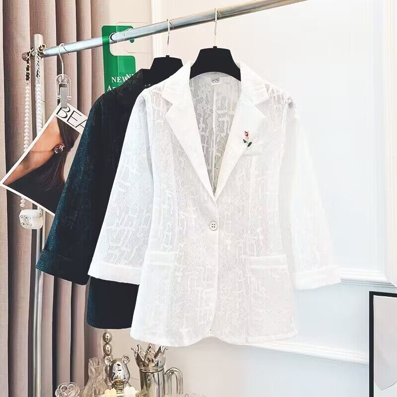 Damen Florale Spitzenanzug Jacke 3/4 Ärmel Blazer Bluse Sonnenschutz Hemd OL