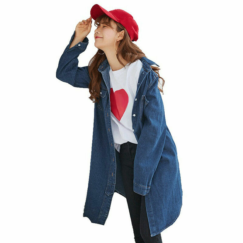 Womens Denim Collared Long Sleeve Shirt Longline Blouse Top Boyfriend Style