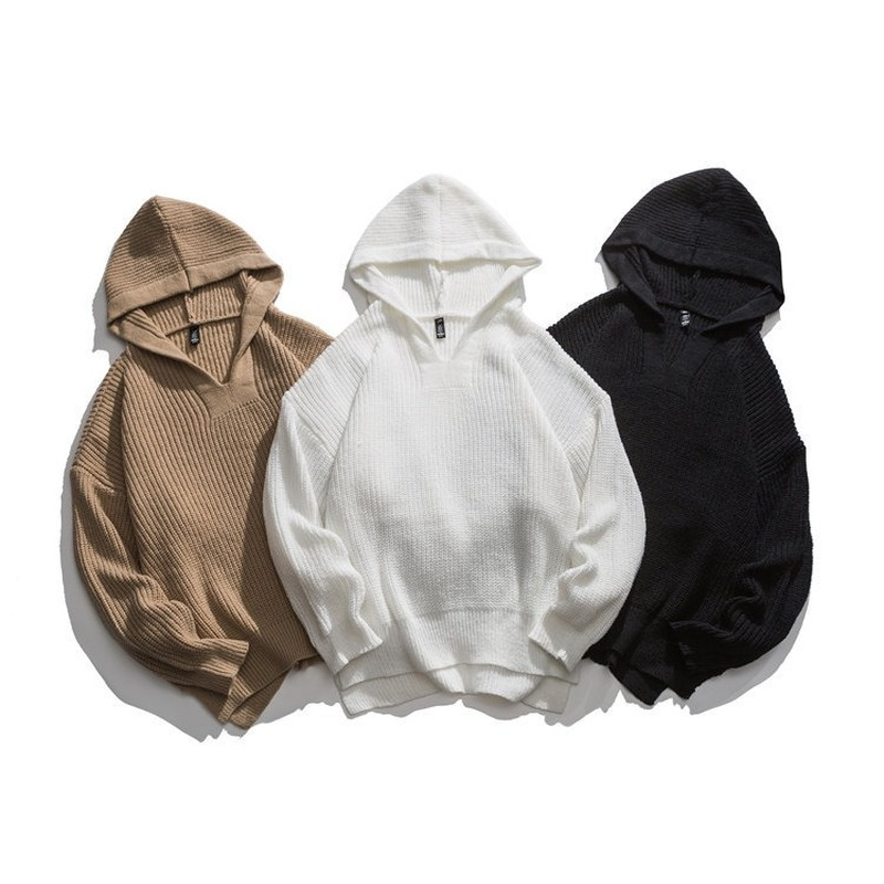 Men Sweatshirt Hoodies Hooded Knitted Pullover Casual Tops Sweater Outwear White
