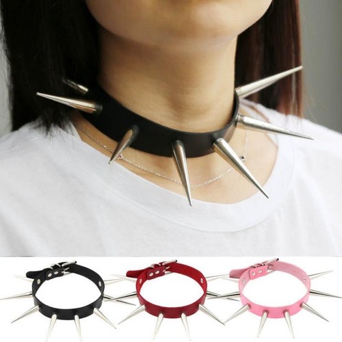 Long Spike Choker Punk Faux Leather Collar Big Rivets
