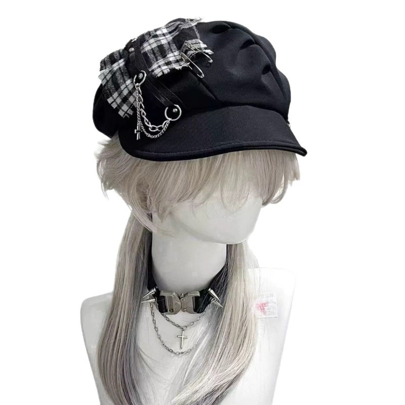 Damen Kariert Kette Bestickt Hut Kappe Maler Bakerboy Harajuku Gothic Punk Black