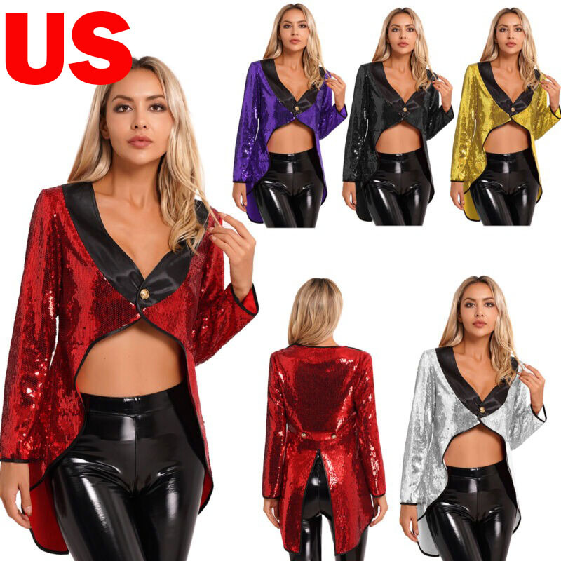 US Women Shiny Sequin Tailcoat Ringmaster Jacket Deep V Neck Long Sleeve Outfit