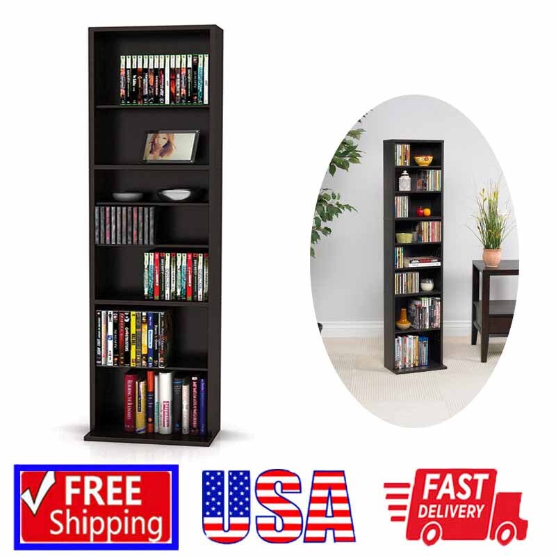 Adjustable Shelves Wood Media Storage Shelf Display DvD CD Bookshelf Espresso