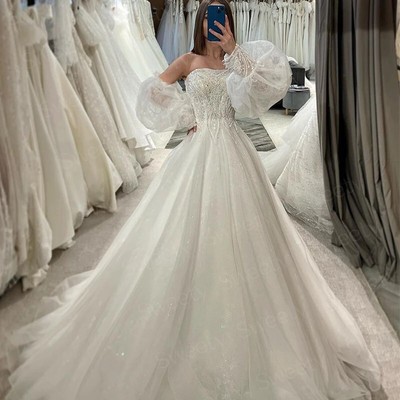 Princess Wedding Dresses Detachable Latern Sleeve White Ivory A Line Bridal Gown