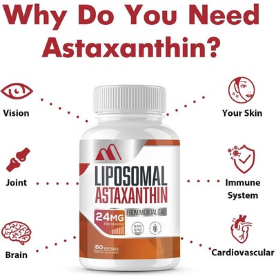 Liposomal Astaxanthin Supplement 24mg, Non GMO, Gluten Free 60 Capsules
