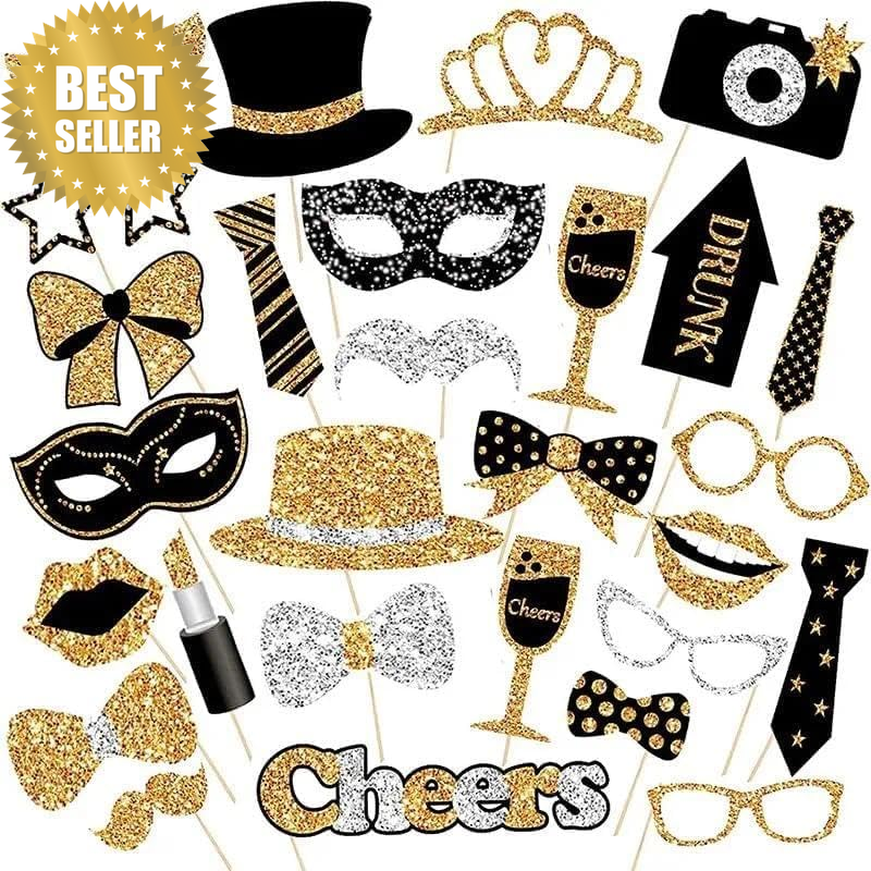 30 Pieces Black Golden Photo Booth Props Set for Party, Selfie Props, Birthday &