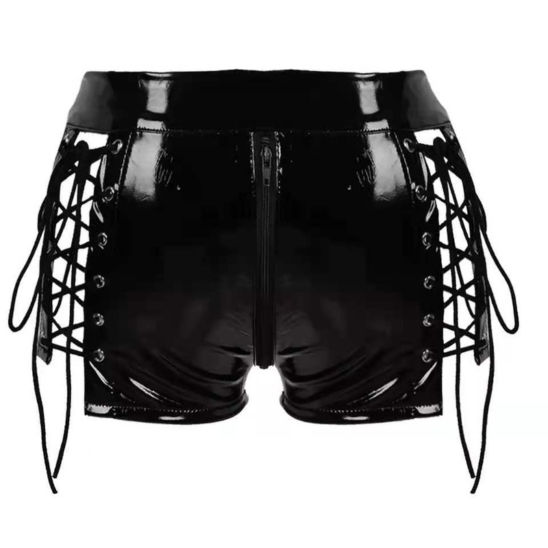 Faux Patentleder Shorts Damen Schnürung Hot Pants Sexy PVC Mini Hosen Tanz