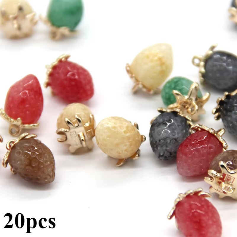 20pcs Mini Fraise Tige Boutons Métal Résine Pendentif Ornements Sacs Couture