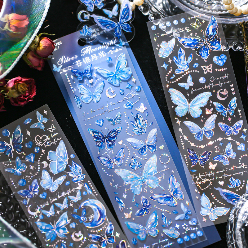 3Pcs Set Laser Holographic Stamping Embossed Butterfly Journal Cup Case Stickers