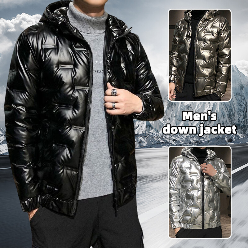 Men Duck Down Jacket Quilted Hooded Glossy Puffer Outwear