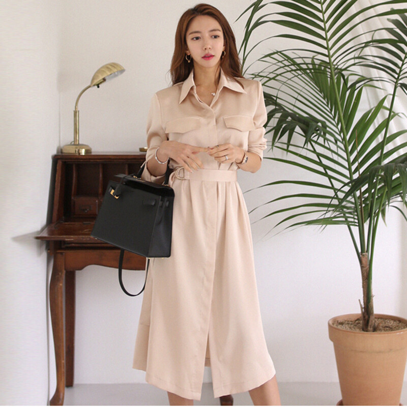 Damen Satin Collard Midi Hemd Kleid Lang Ärmel Lockere Zum Schnüren Gürtel Büro