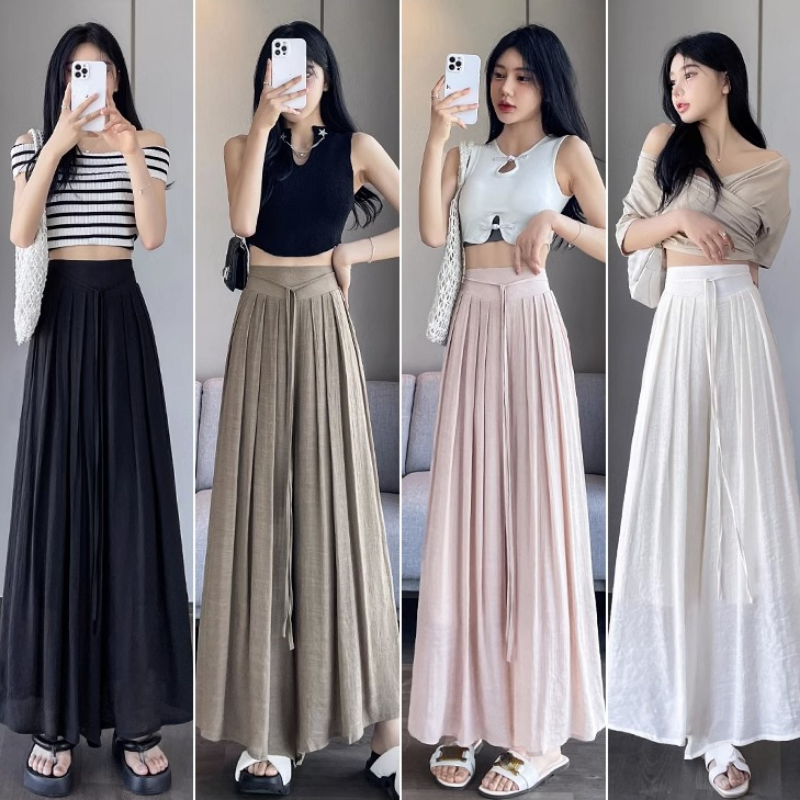 Donna Sottile Plissettato Gamba Larga Pantaloni Culotte Vita Alta Casual Daily