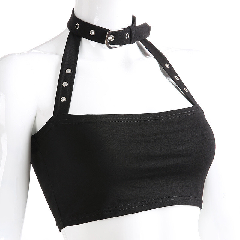 Damen Gothic Unterhemd Bauchfreies Top Tank Schnalle Punk Clubwear Zügel Schwarz