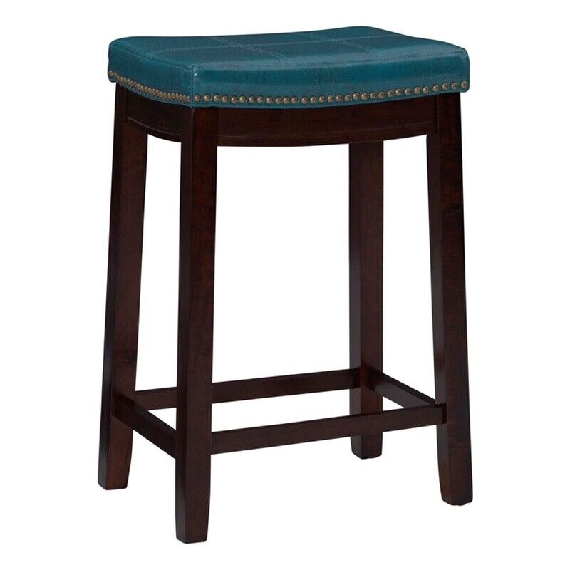 Linon Claridge 26" Wood Backless Counter Stool Blue Faux Leather In Dark Brown