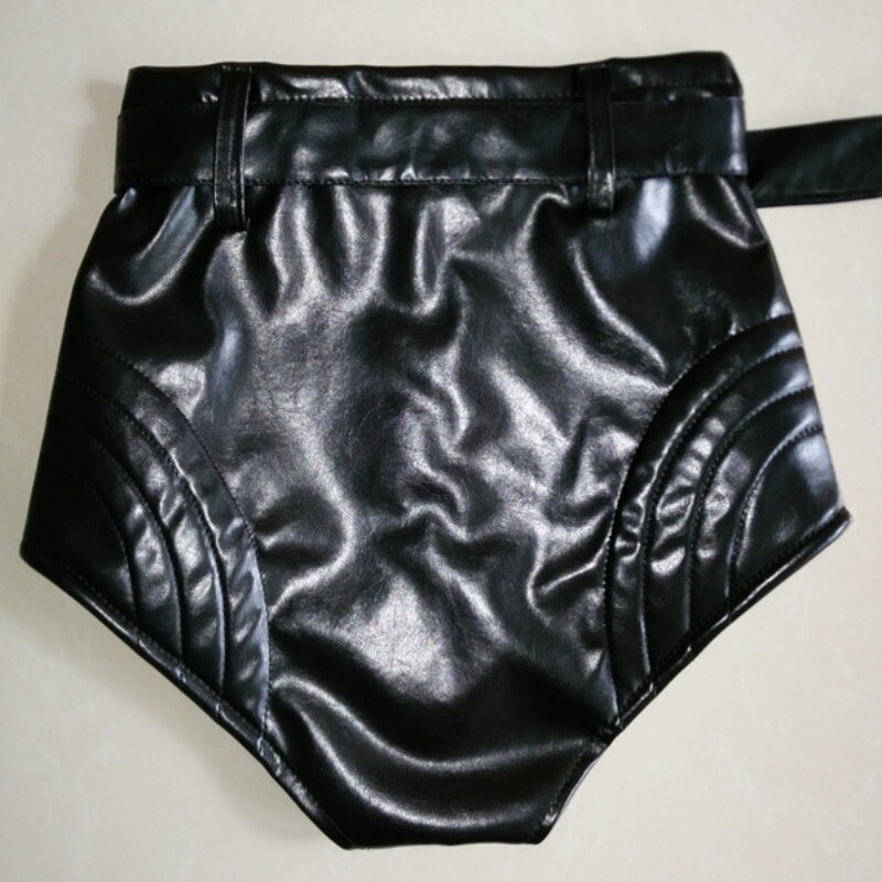 Women Shiny Faux Leather Hot Pants High Waist Shorts Belted Punk Dancewear Chic